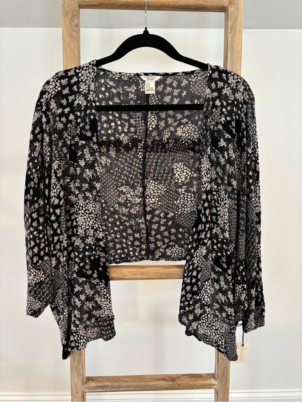Forever 21 Bohemian Style Black & White Floral Open Cropped Cardigan